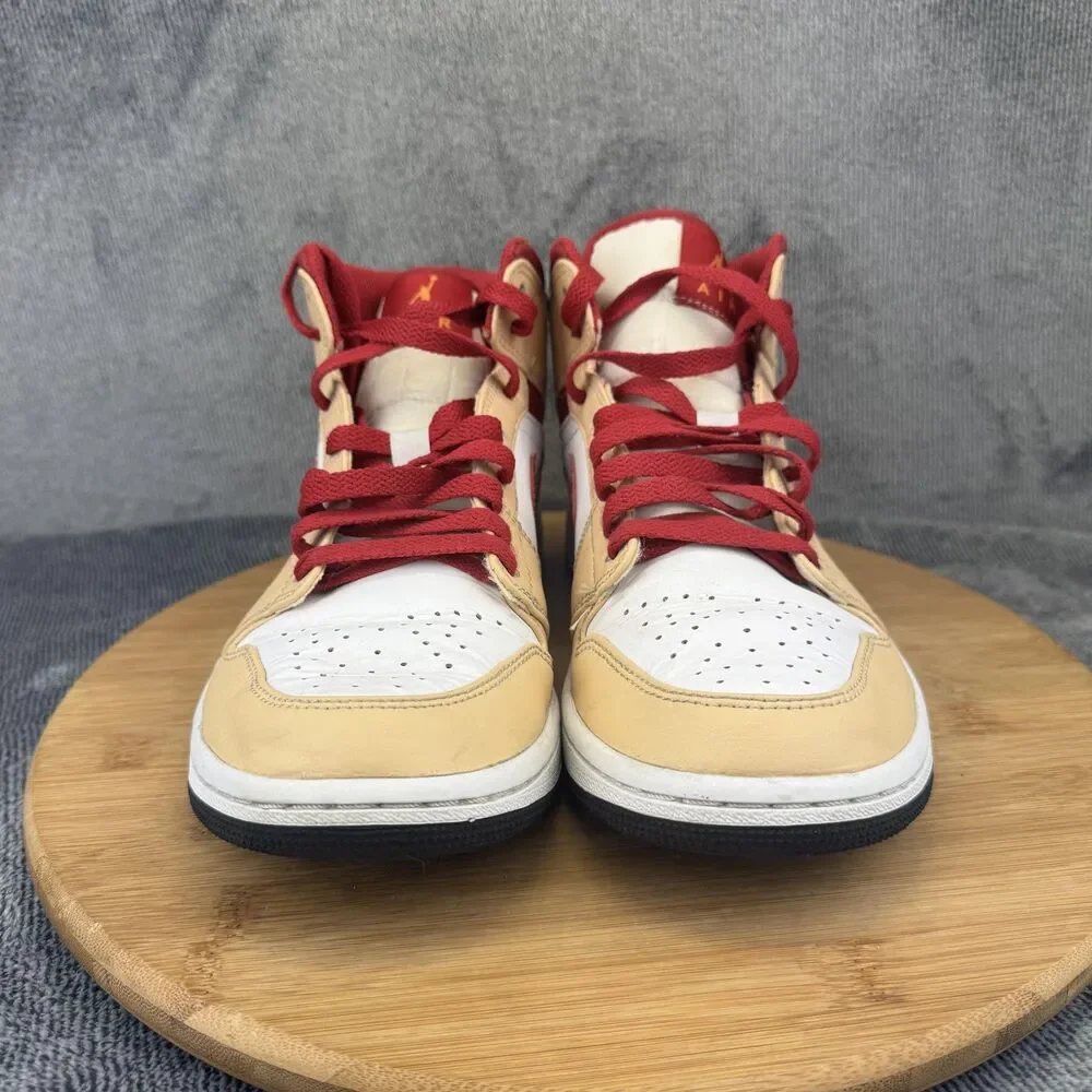 Nike Air Jordan 1 Mid AJ1 Shoes Mens Size 8 Tan Red White Basketball 554724-201